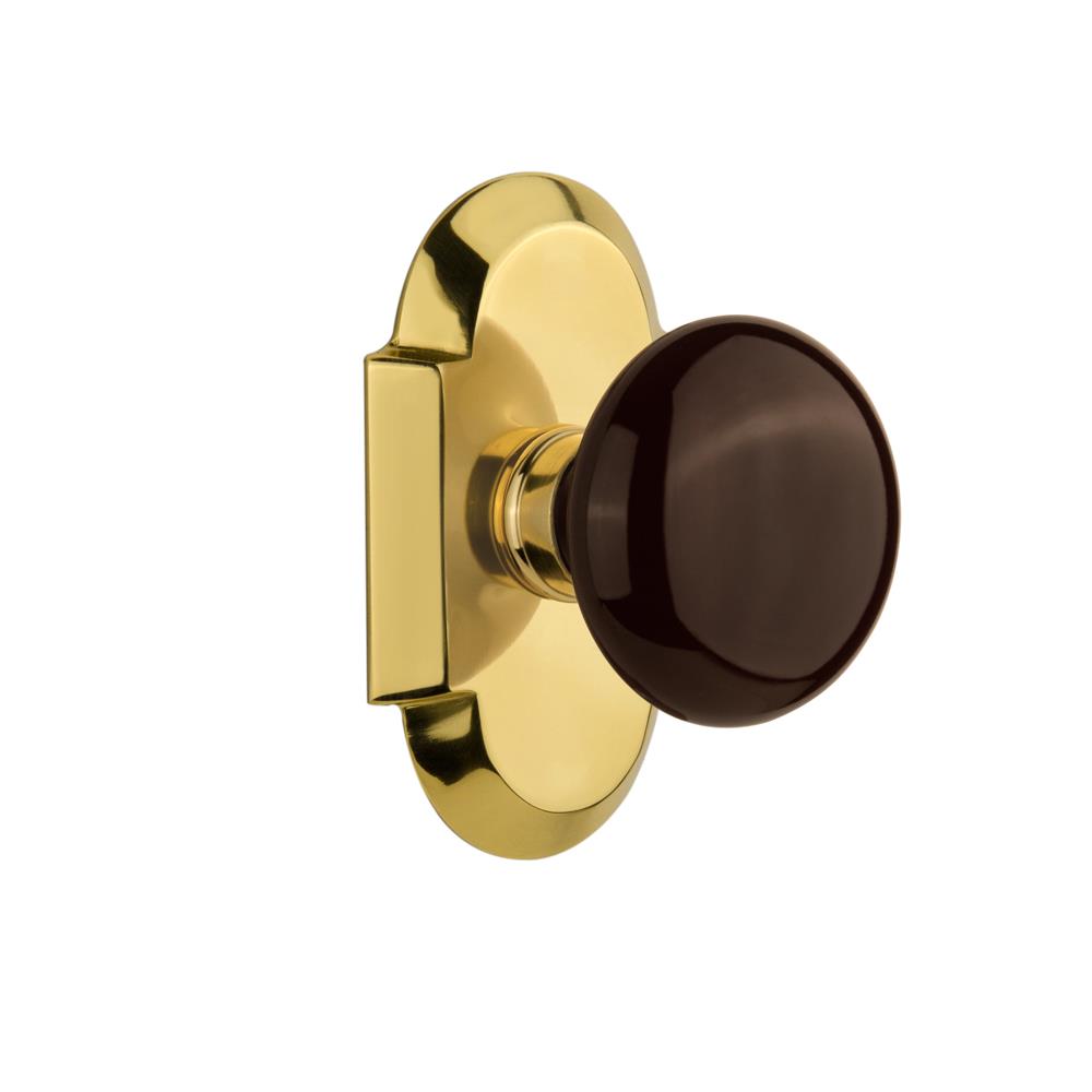 Nostalgic Warehouse COTBRN Single Dummy Knob Cottage Plate with Brown Porcelain Knob in Polished Brass